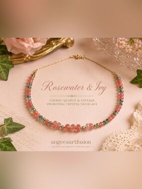 “Rosewater & Ivy” Cherry Quartz Vintage Swarovski Beaded Necklace